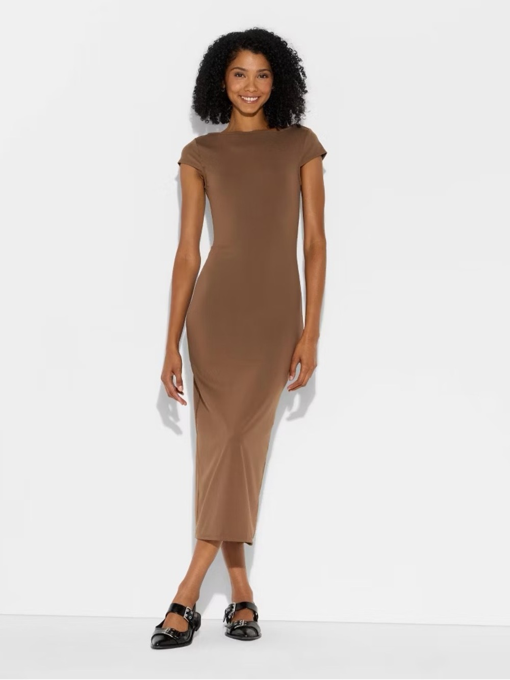 Brown Cap-Sleeve Maxi Dress